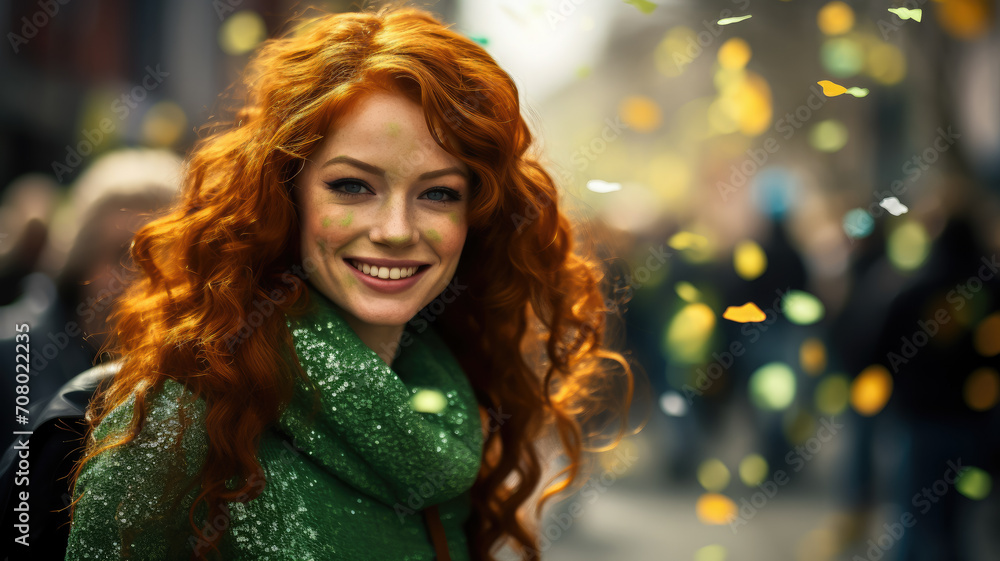 beautiful young red-haired woman with makeup in green tones and emerald clothes at the St. Patrick's Day carnival, national Irish holiday, Ireland, festival, symbol, shamrock, stylish image, girl beautiful young red-haired woman with makeup in green tones and emerald clothes at the St. Patrick's Day carnival, national Irish holiday, Ireland, festival, symbol, shamrock, stylish image, girl