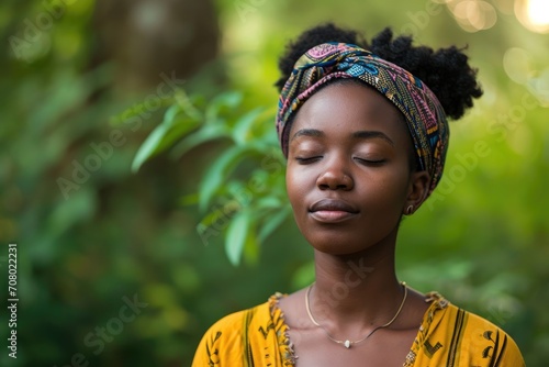 Serene studio portrait of a young African woman practicing meditation, with a tranquil nature background