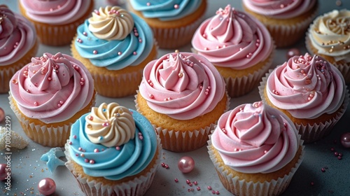 A bunch of cupcakes with pink and blue frosting.