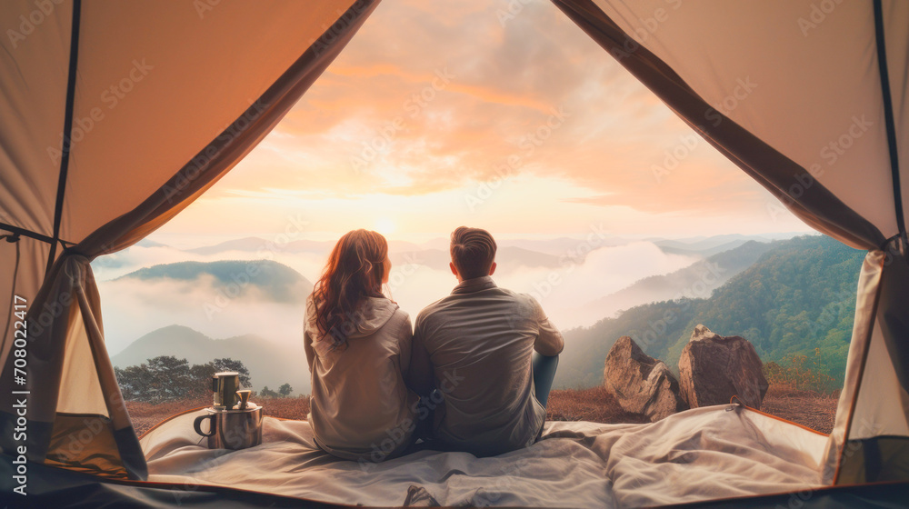 a man and a woman sit in a tent and look at the mountains