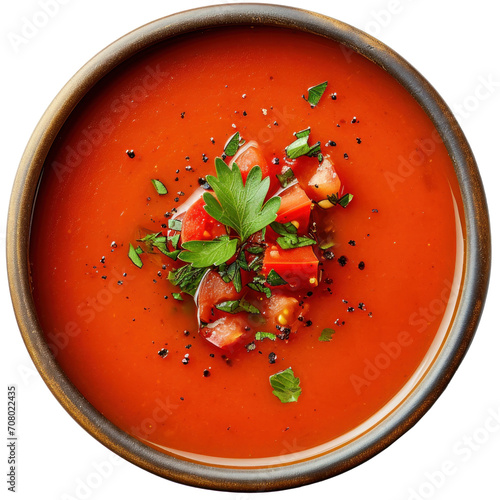 Tomato Soup in a bowl, top view, transparent or isolated on white background