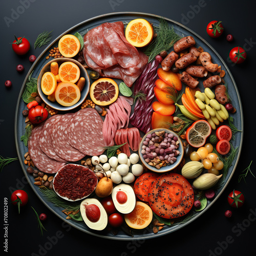 A Feast for the Eyes and the Palate: A Mouthwatering Display of Assorted Cheeses, Meats, Fruits, and Nuts on a Dark Platter