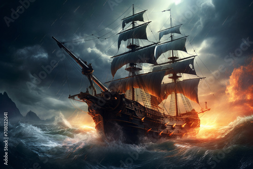 Majestic pirate ship battling fierce waves under a stormy sky with lightning striking the mast, sails billowing in the wind,