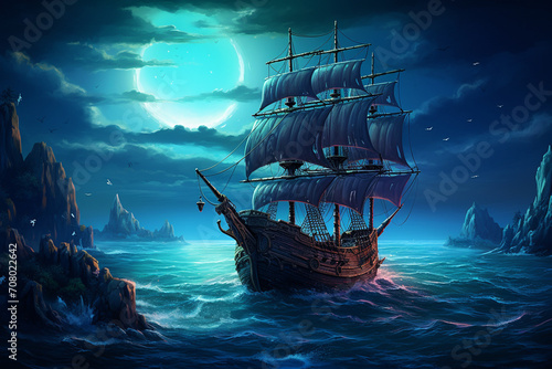 Moonlit seascape featuring a pirate ship sailing through phosphorescent waves, the night aglow with the mysterious beauty of the ocean,