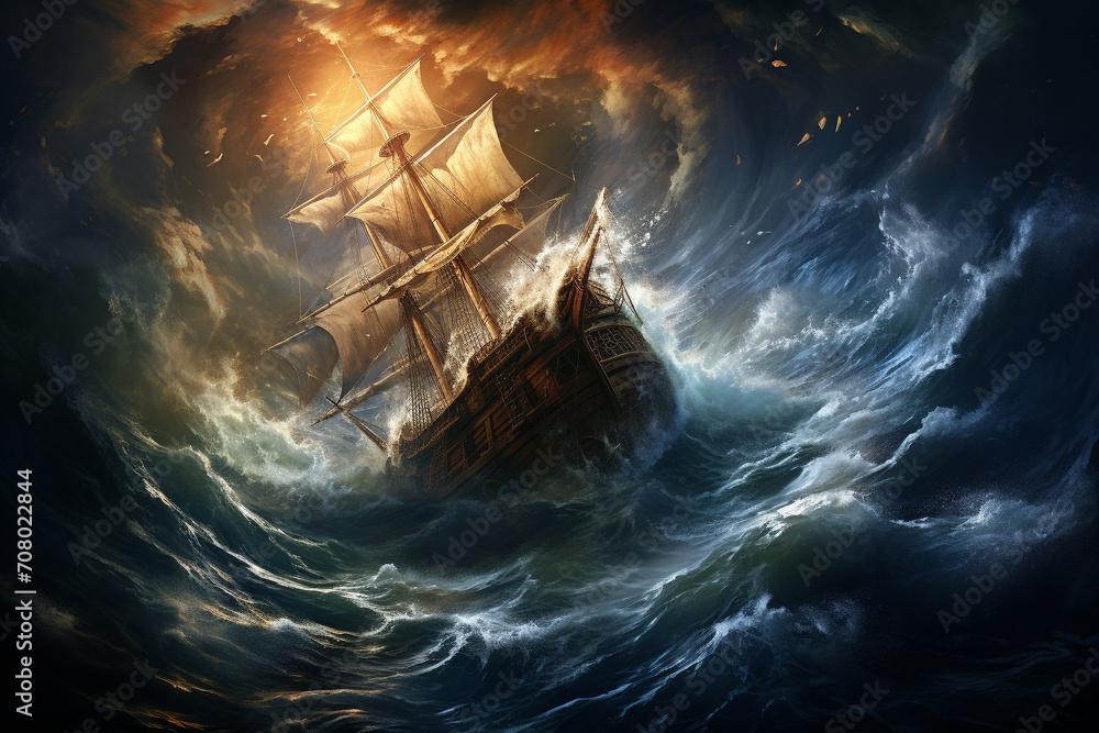 Naklejka premium Powerful illustration of a pirate ship caught in the clutches of a colossal tidal wave, the ship's crew desperately struggling against the overwhelming force of nature,