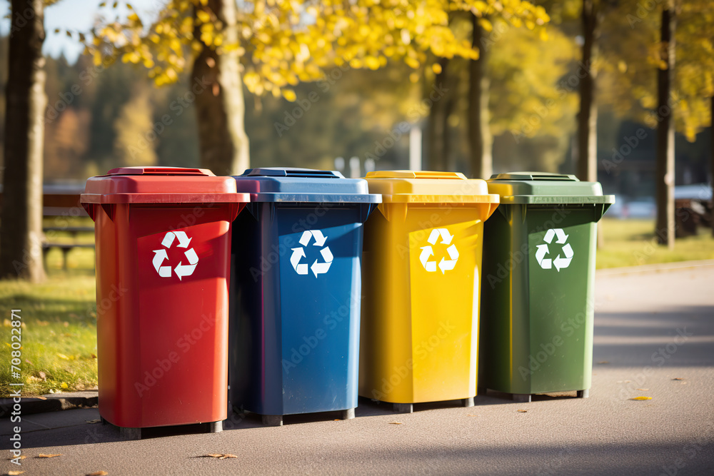 Colorful recycle bins with recycle symbol in the city Colorful recycle bins with recycle symbol in the city