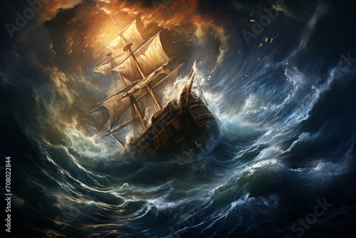 Powerful illustration of a pirate ship caught in the clutches of a colossal tidal wave, the ship's crew desperately struggling against the overwhelming force of nature, photo