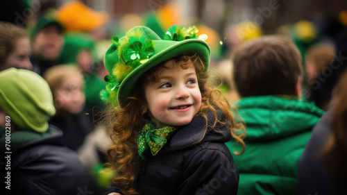 little red-haired child in green Leprechaun holiday costume at St. Patrick's Day carnival, Irish national holiday, Ireland, blurred background, shamrock, traditional, symbol, kid, girl, toddler, hat