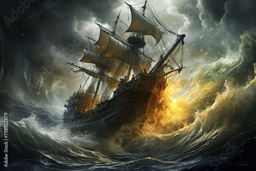 Storm-tossed pirate ship, waves crashing over the deck, as the crew battles to keep the vessel afloat in the midst of a raging tempest, photo