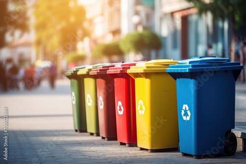 Colorful recycle bins with recycle symbol in the city