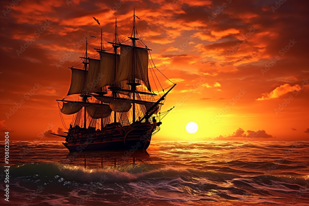 The silhouette of a pirate ship silhouetted against a fiery sunset, waves ablaze with the hues of dusk, sailing through challenging waters,