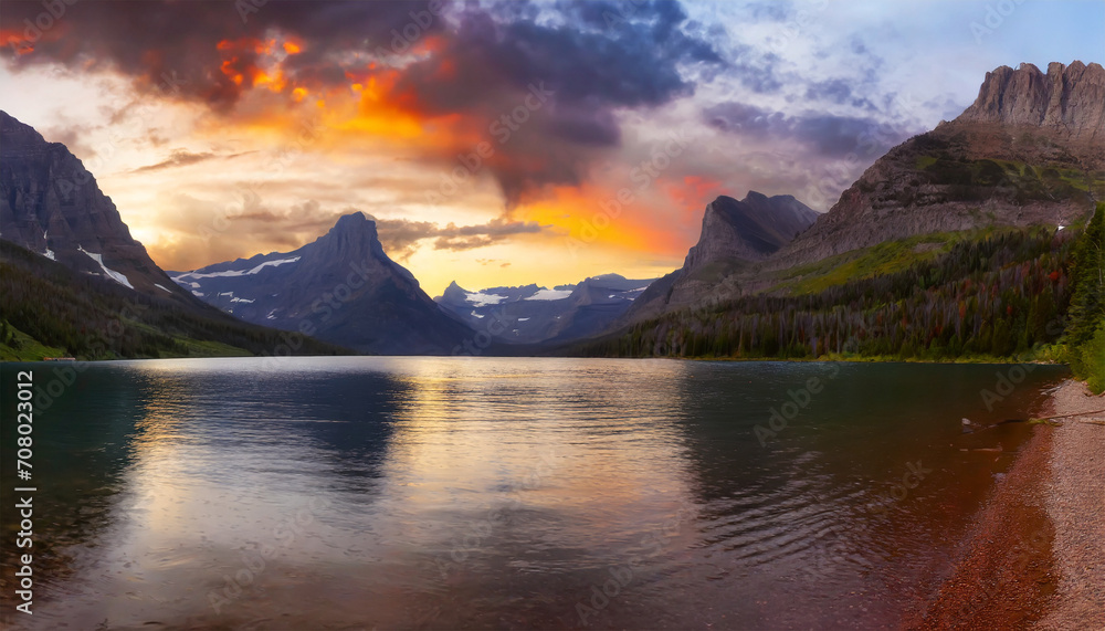 Scenic Sunrise Over Glacier Lake with American Rocky Mountain Landscape in the Background. Breathtaking Panoramic View Captured in Glacier National Park, Montana, United States