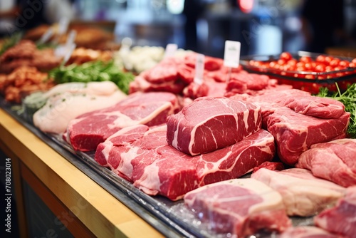 Assortment of raw meats on the market counter