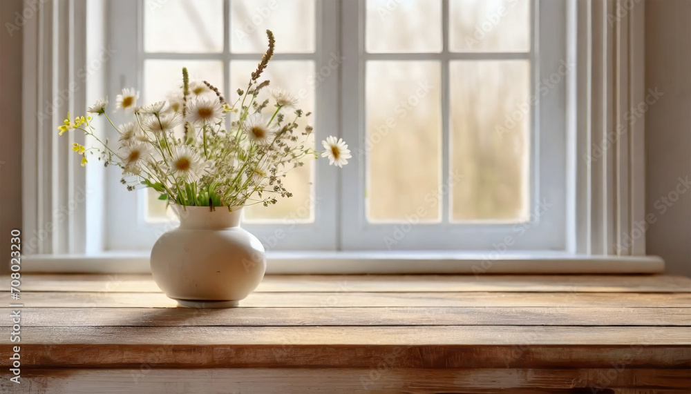 An unoccupied wooden table adorned with a vase filled with wildflowers placed on the windowsill