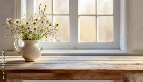 An unoccupied wooden table adorned with a vase filled with wildflowers placed on the windowsill