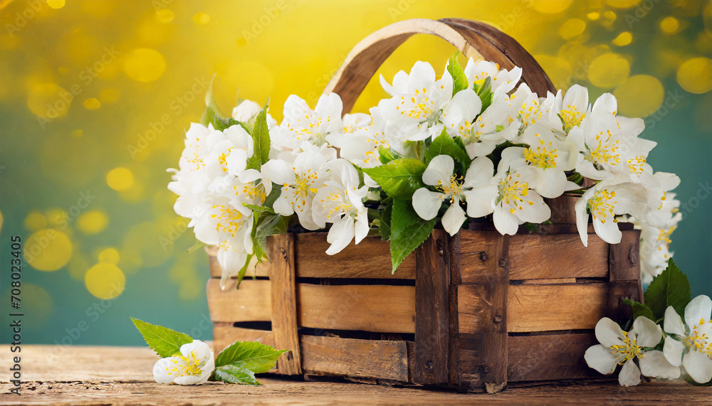 Wooden basket filled with white flowers against a vibrant yellow spring backdrop