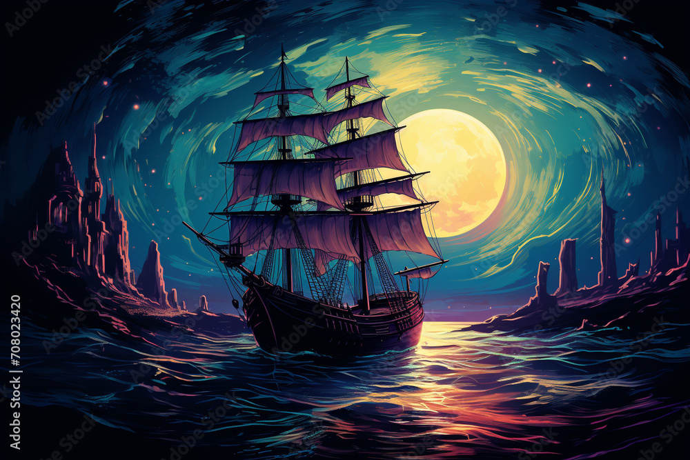 Fototapeta premium Woodblock illustration of a pirate ship entering a bioluminescent bay, the water illuminated by the otherworldly glow as the ship sails into the enchanting harbor,