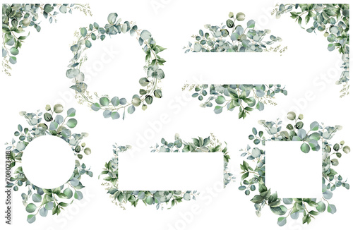 Eucalyptus watercolor illustration. Set of trendy greenery frames. Sage green border.  Elegant foliage design for wedding, card, invitation, greeting on transparent background photo