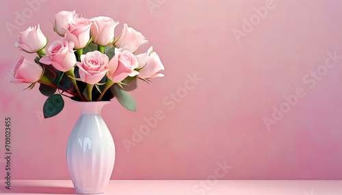 Pink roses arranged in a white vase against a pink background with ample space for text
