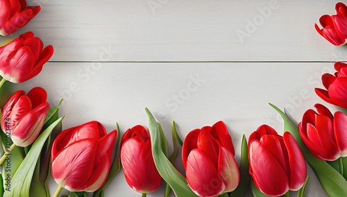 Fiori tulipani rossi su sfondo bianco, spazio vuoto. photo