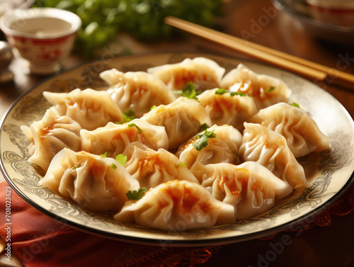 Delicious dumplings on a plate on a restaurant table