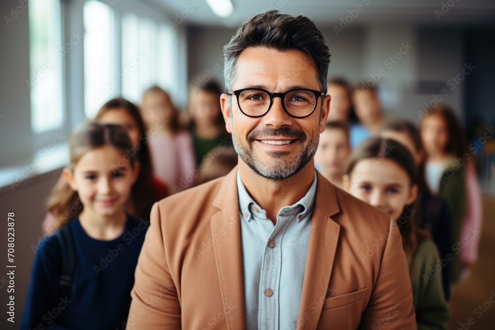 Male teacher with a group of students Male teacher with a group of students