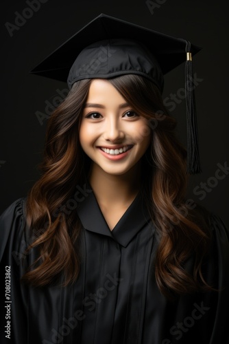 A woman wearing a graduation cap and gown.