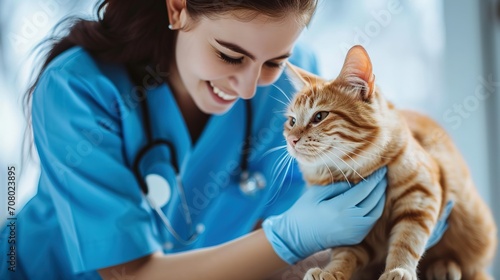 A smiling veterinarian in blue scrubs is gently holding an orange tabby cat, preparing to examine the pet.