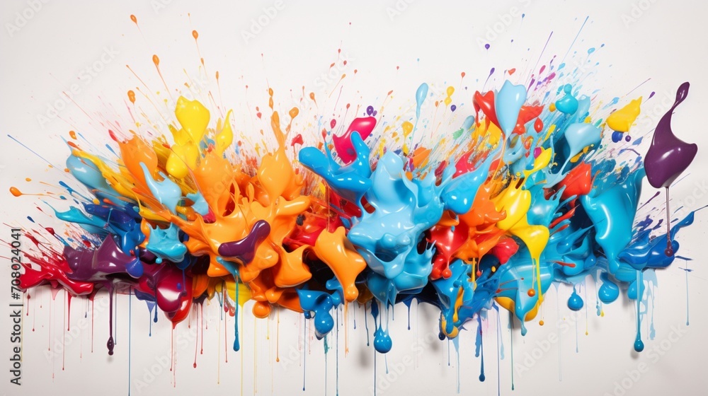 an explosion of vibrant paint splashes in various shapes and sizes, each droplet frozen in time against the clean white canvas, evoking a sense of playful creativity and artistic expression.