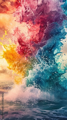 Initial Splash. Burst of vivid hues, capturing the essence of a big wave. Abstract watercolors merge in a lively dance.