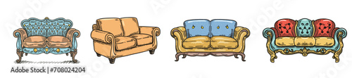 set of hand drawn sofa sets illustration vintage style, sofa vector engraved style