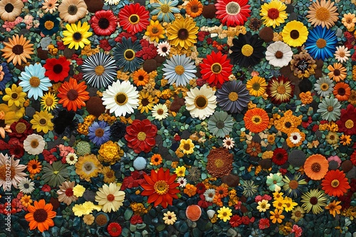 different colored flowers arranged wall large scale scene clay secondhand sunny conglomerate mosaic resin marigold
