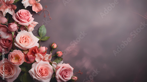 beautiful pink roses as asymmetric frame on gray background, copy space, negative space, romantic wedding background 