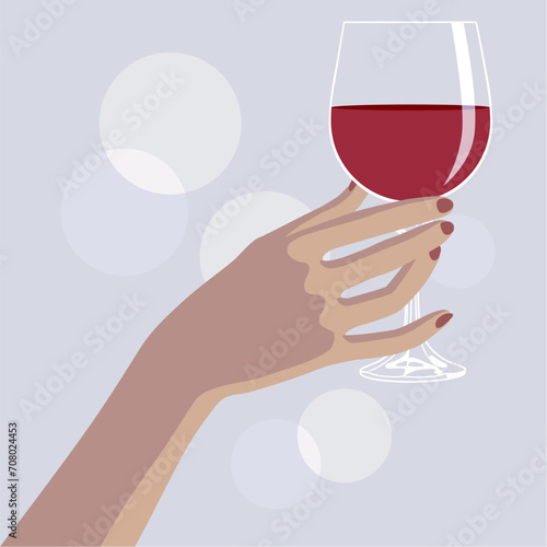 Female hand holding a glass with red wine. Minimalist and flat style color drawing. Vector illustration