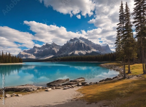 The mountain views when you are in Two Jack Lake campground of Banff National Park in Alberta, Canada. Typical landscape for North America. Amazing landscape background concept photo