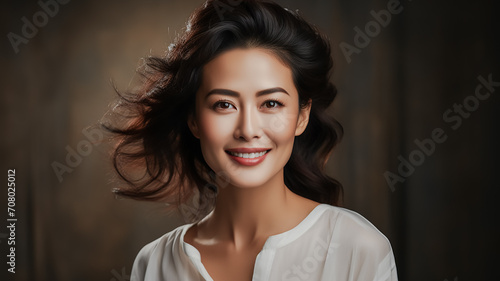 hübsche asiatische Frau, die mit perfekt sauberen Zähnen lächelt photo