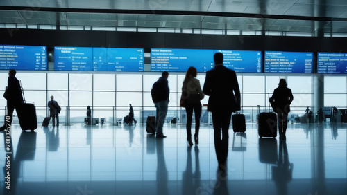 silhouettes of people in airport. Travelers at the airport with the arrivals board in the background.