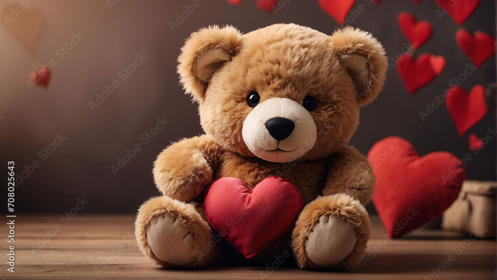 cute brown teddy bear holding a big red heart on a white background, holiday gift for Valentine's Day