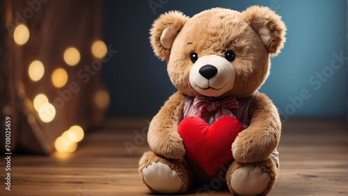 cute brown teddy bear holding a big red heart on a white background, holiday gift for Valentine's Day © Muhammad