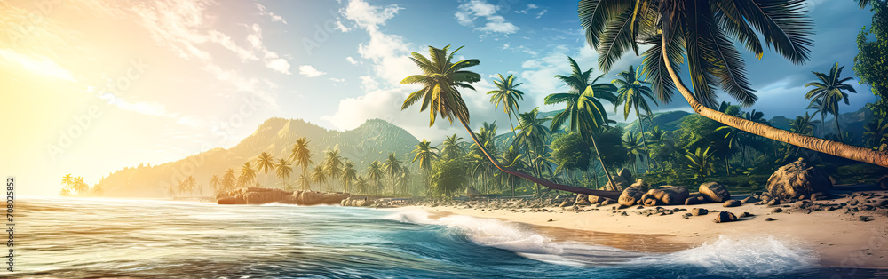 Tropical bliss on a paradise islands palm fringed beach. - obrazy, fototapety, plakaty 