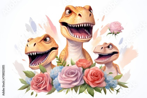 Illustration of a dinosaur family with flowers around on a white background