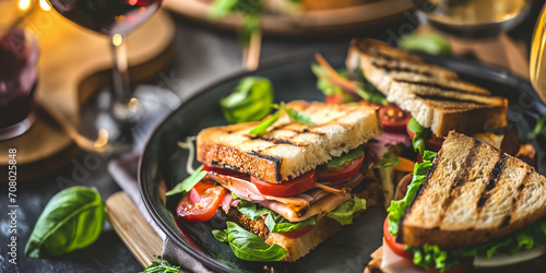 Leckere Sandwich mit Tomaten Wurst und Basilikum angerichtet als Foodfotografie, ai generativ