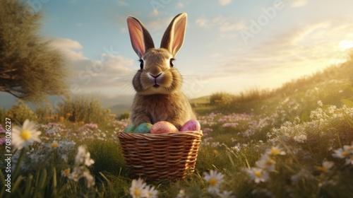 Easter bunny with a basket of colorful eggs in the garden at sunset. photo