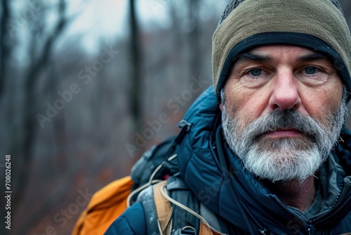 Middle aged man hiking in the woods