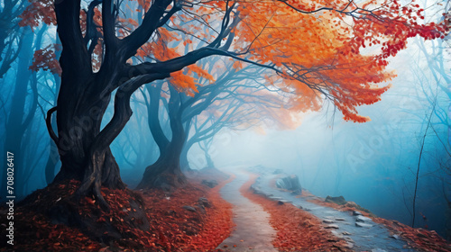 Beautiful mystical forest in blue fog n autumn