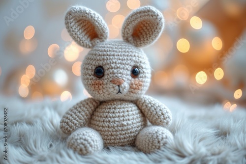 A knitted bunny is sitting on a bed. Handcrafted knitted miniature toy.