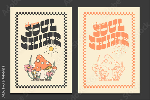 groovy hippie 60s posters with a retro illustration, vector