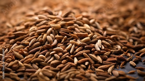 arrangement of an isolated pile of cumin seeds on a pristine white surface, showcasing the small, aromatic seeds and their warm brown color.