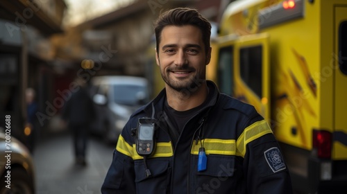 portrait of a smiling male paramedic in uniform