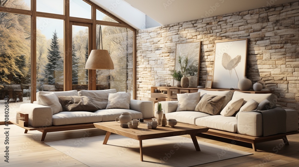 Modern living room interior with large windows and stone wall